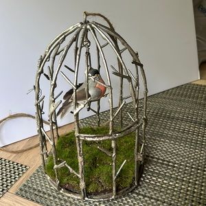 Like NEW! Silver Metal Hanging Abstract Birdcage w/ Mushroom bird